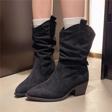 Xajzpa New Style Fashion Women's Mid-calf Boots Women Winter Ethnic Rivet Tassel Boots Woman Suede Pointed Thick Heel Shoes Boots